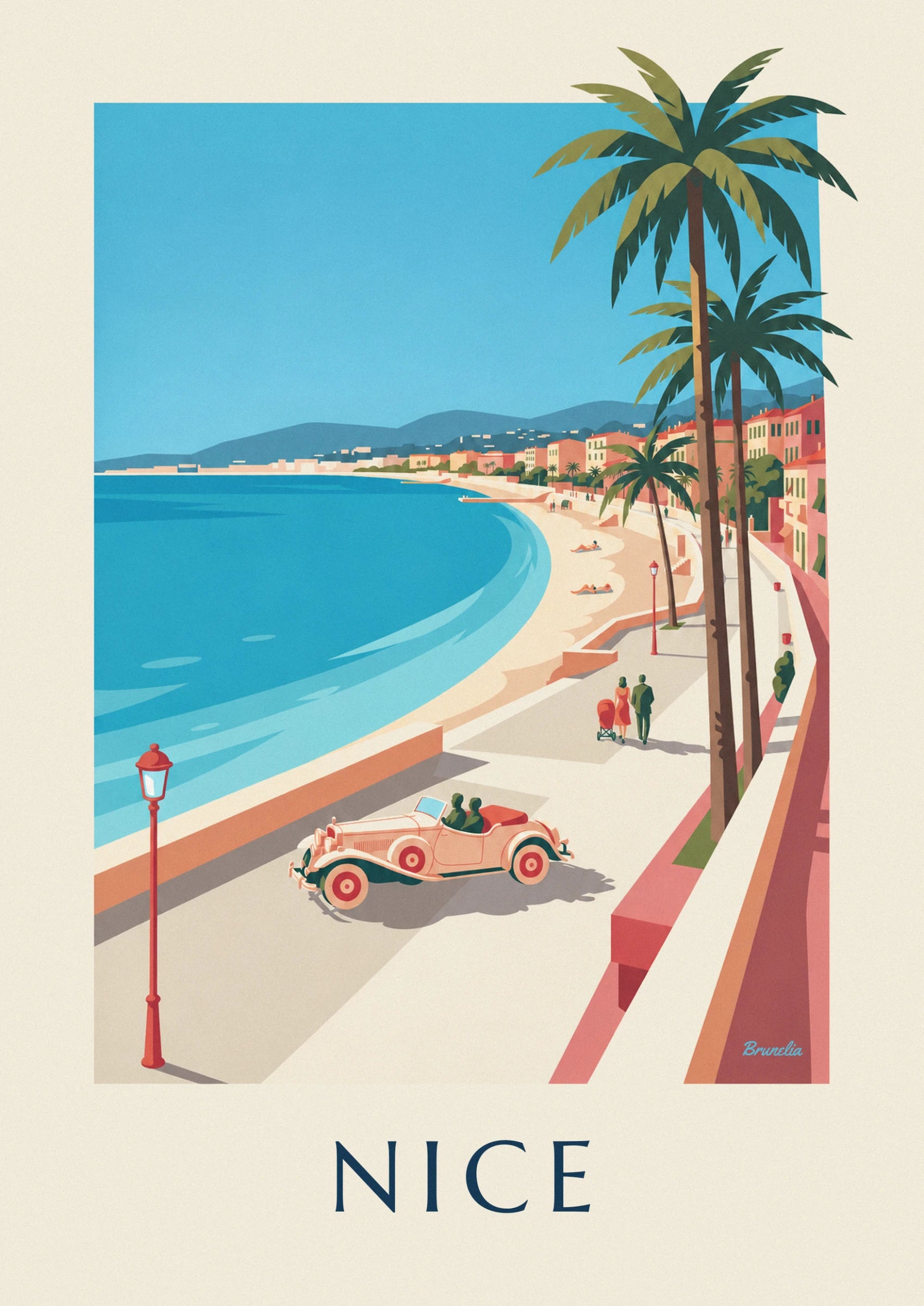 Das cremefarbene Cabrio mit roten Rädern und seinen 2 Insassen auf der Strandpromenade