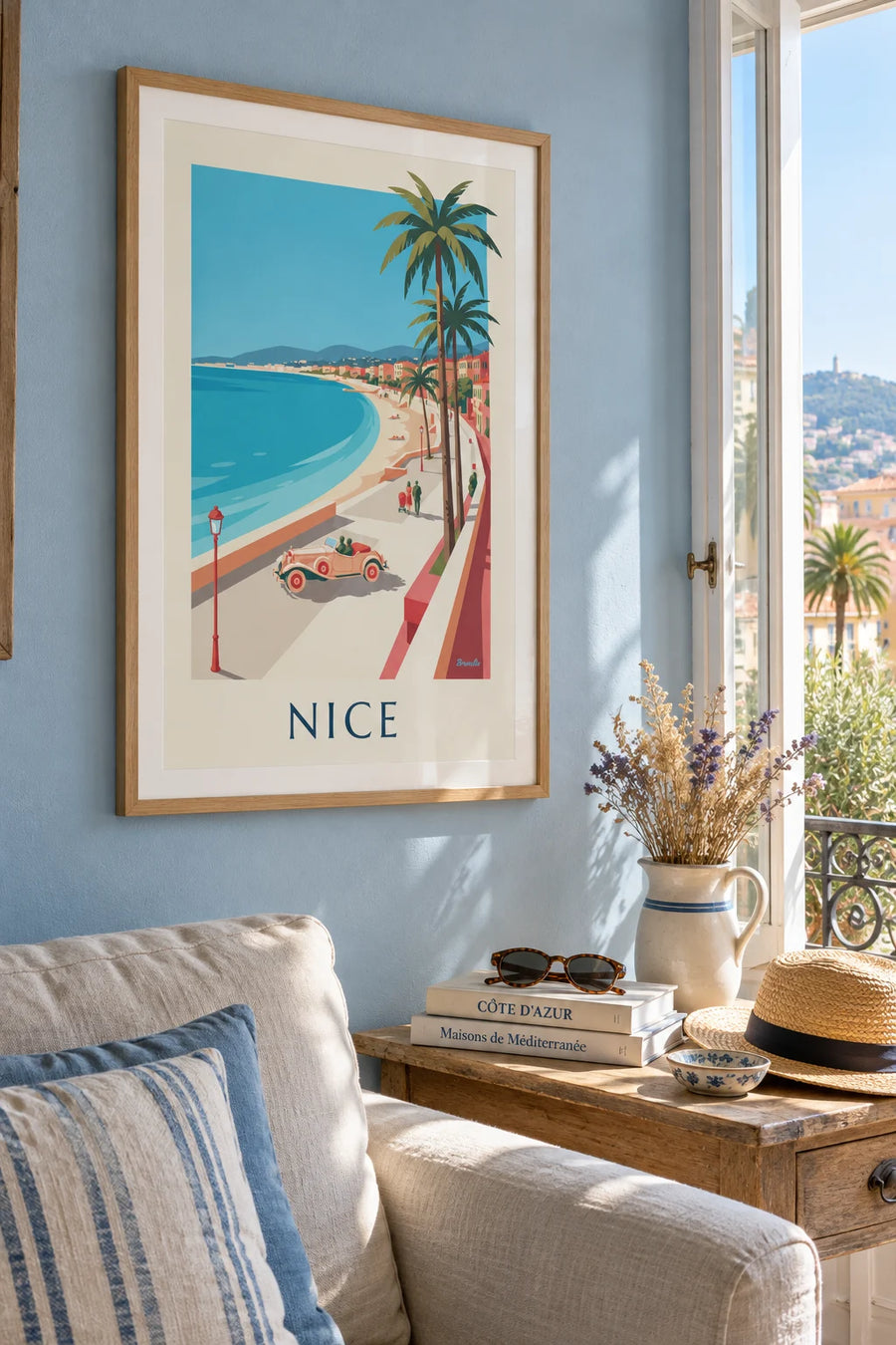 Poster of a convertible and strollers under the palm trees of the Baie des Anges in Nice: framed on the wall