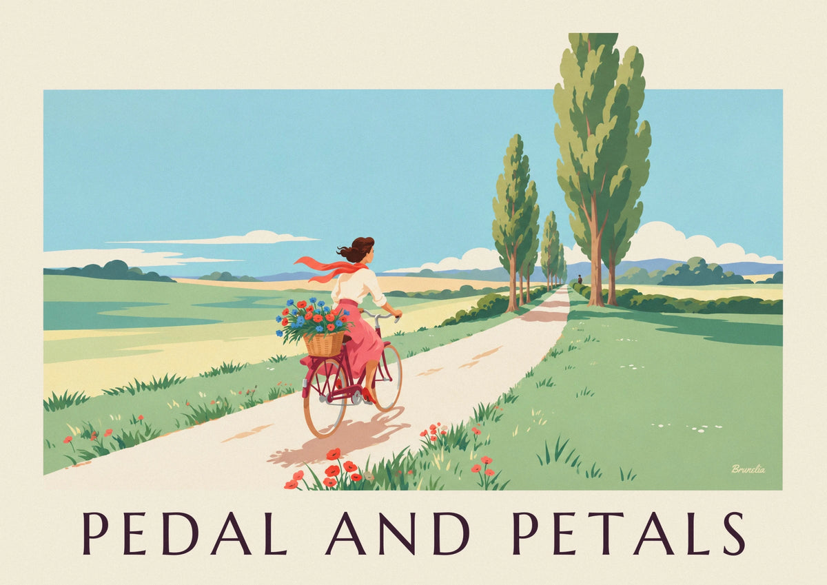 Affiche pin-up à vélo avec un panier de fleurs à la campagne