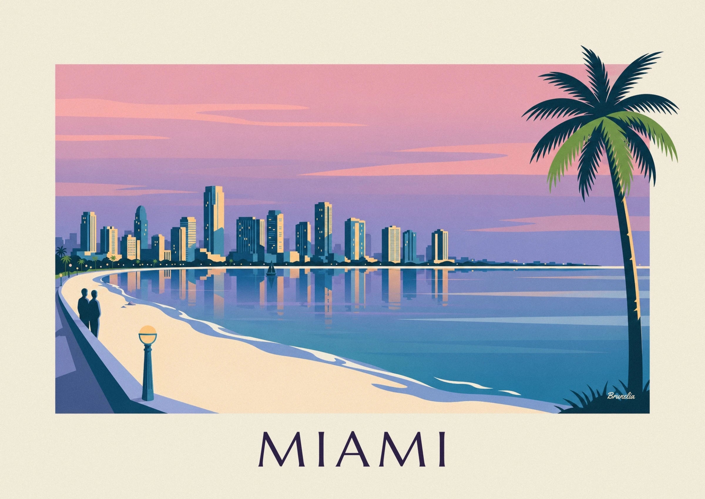 The Miami skyscrapers with blue and golden façades reflected in the mauve water