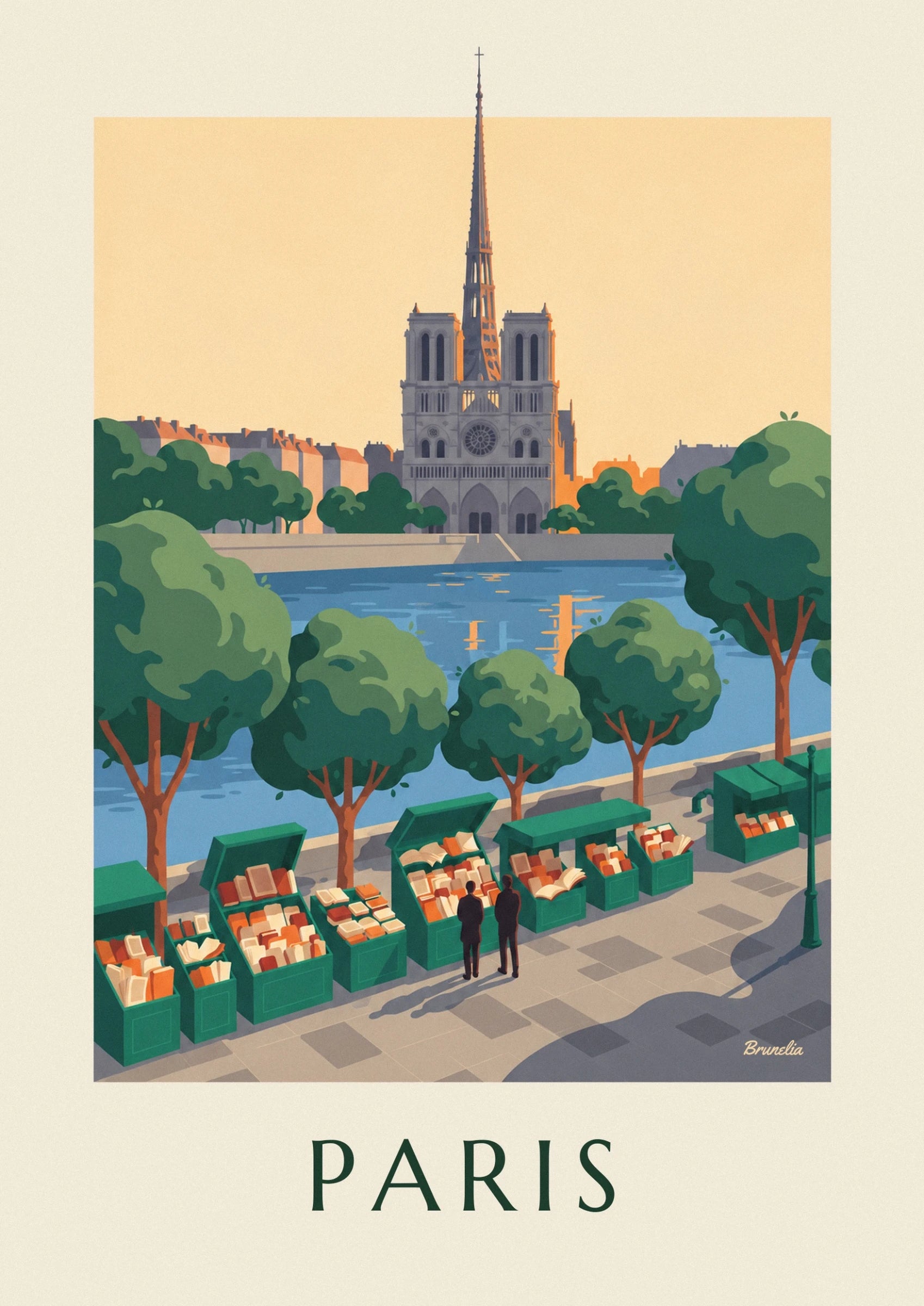 La façade de Notre-Dame et sa flèche élancée sur un ciel doré