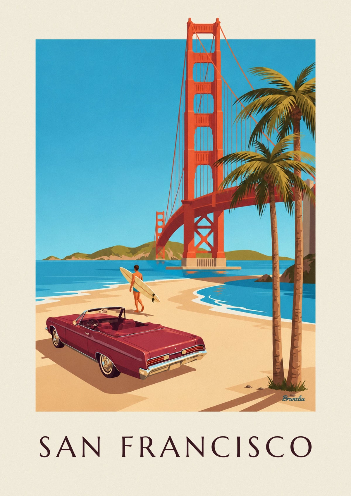 Affiche décapotable devant le Golden Gate à San Francisco