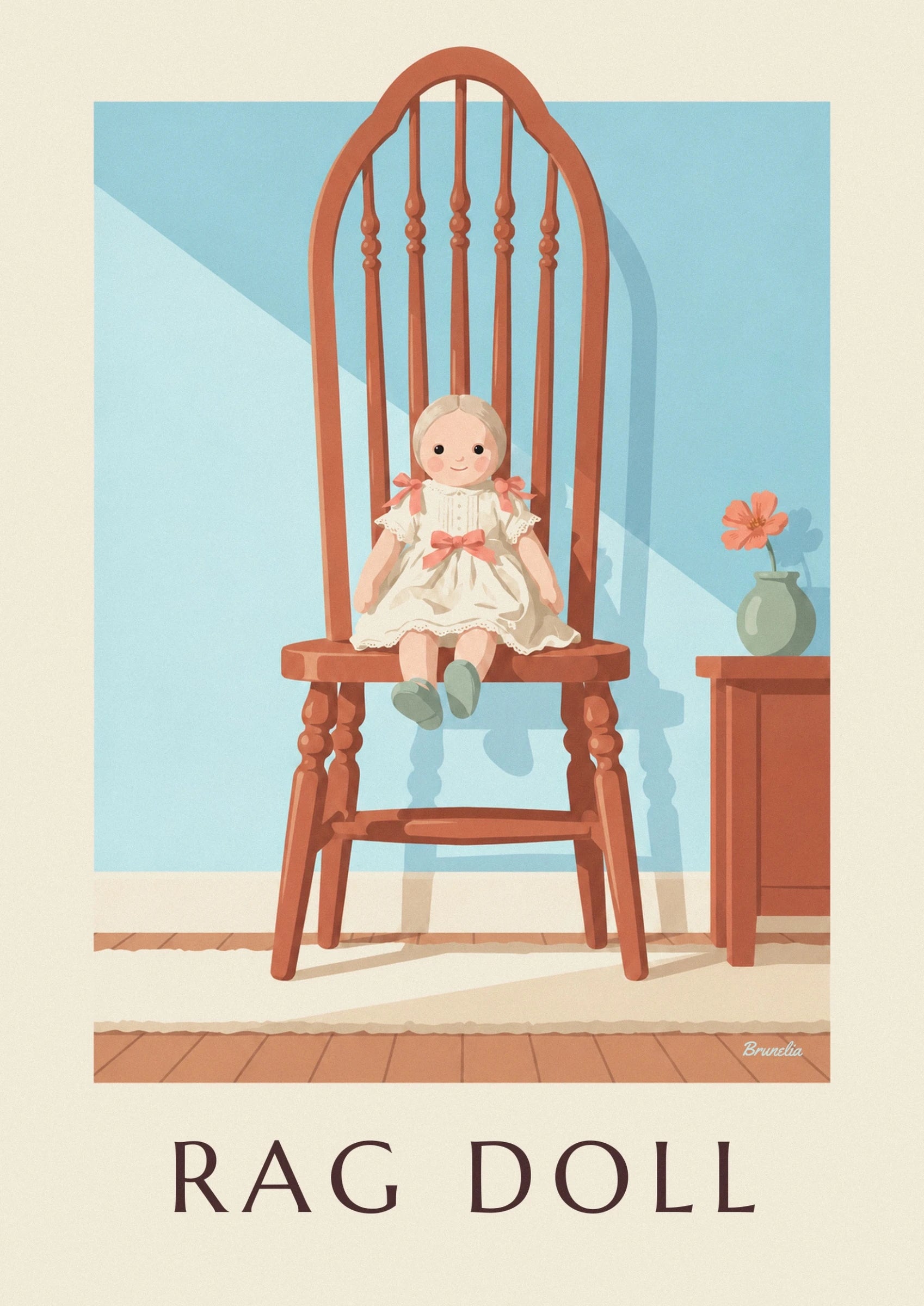 Die Puppe im cremefarbenen Kleid mit rosa Schleifen und grünen Schuhen auf ihrem Holzstuhl