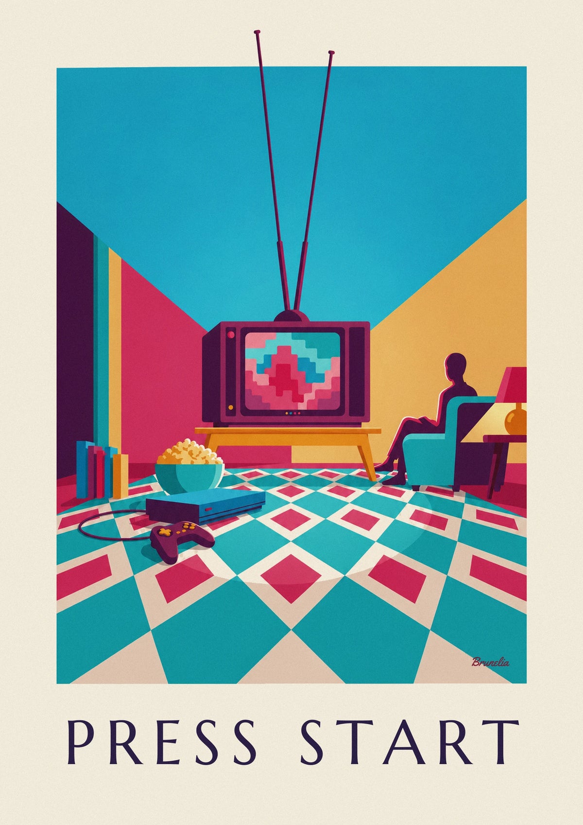 Affiche salon rétro avec console de jeux et vieux téléviseur