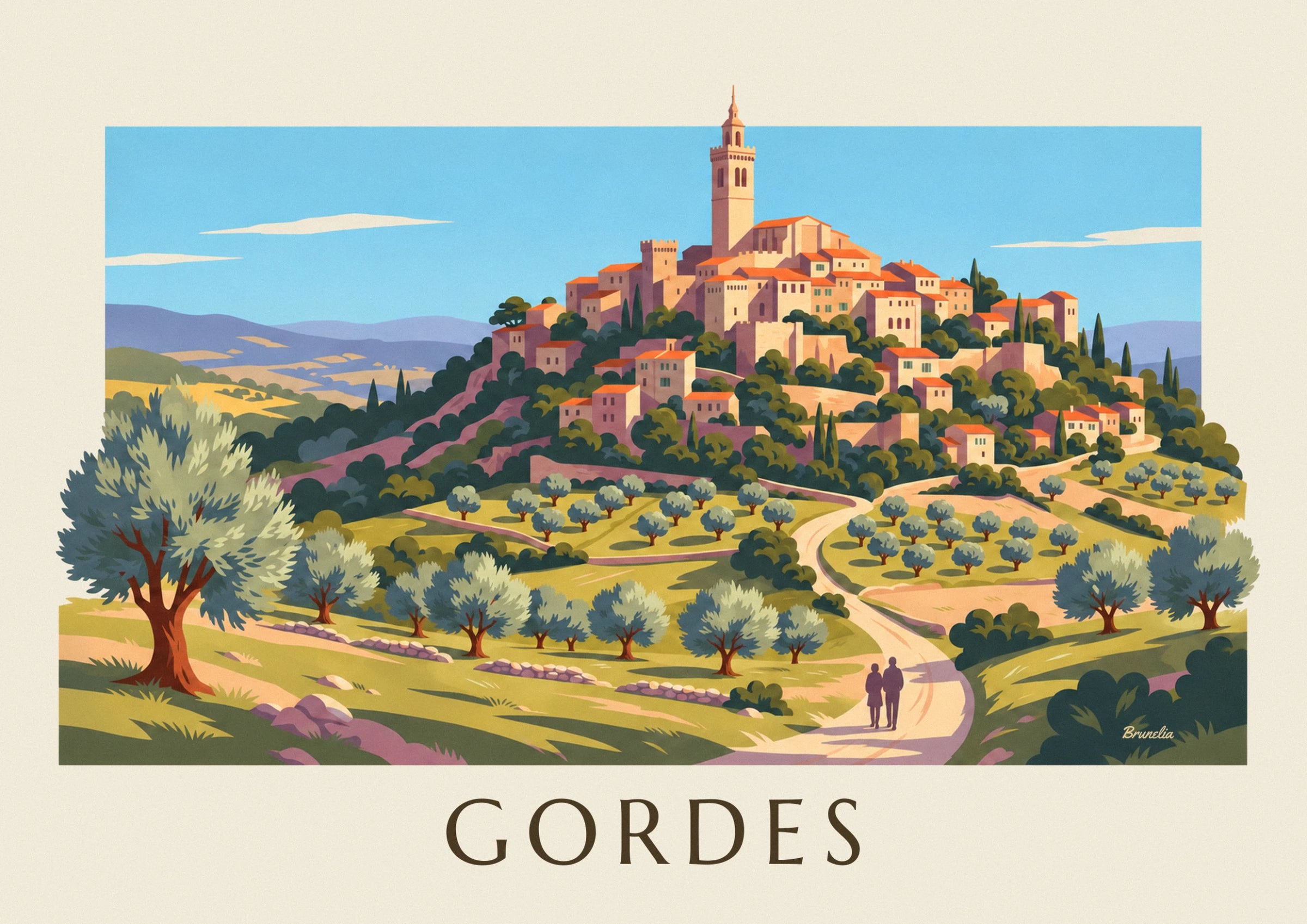 Le clocher et les maisons aux toits orange du village, au-dessus des oliveraies