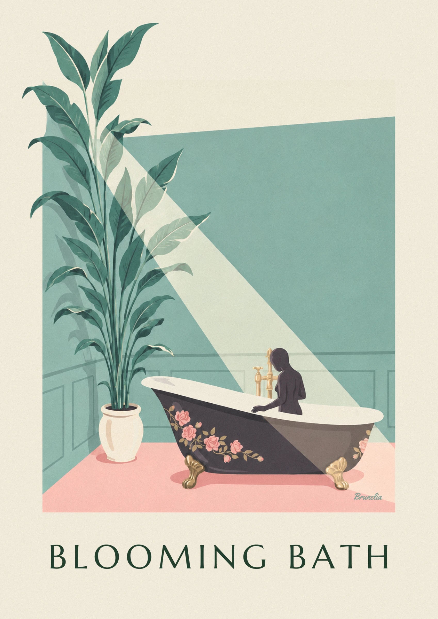 Une femme de dos dans sa baignoire sur pieds dorés, ornée de roses roses