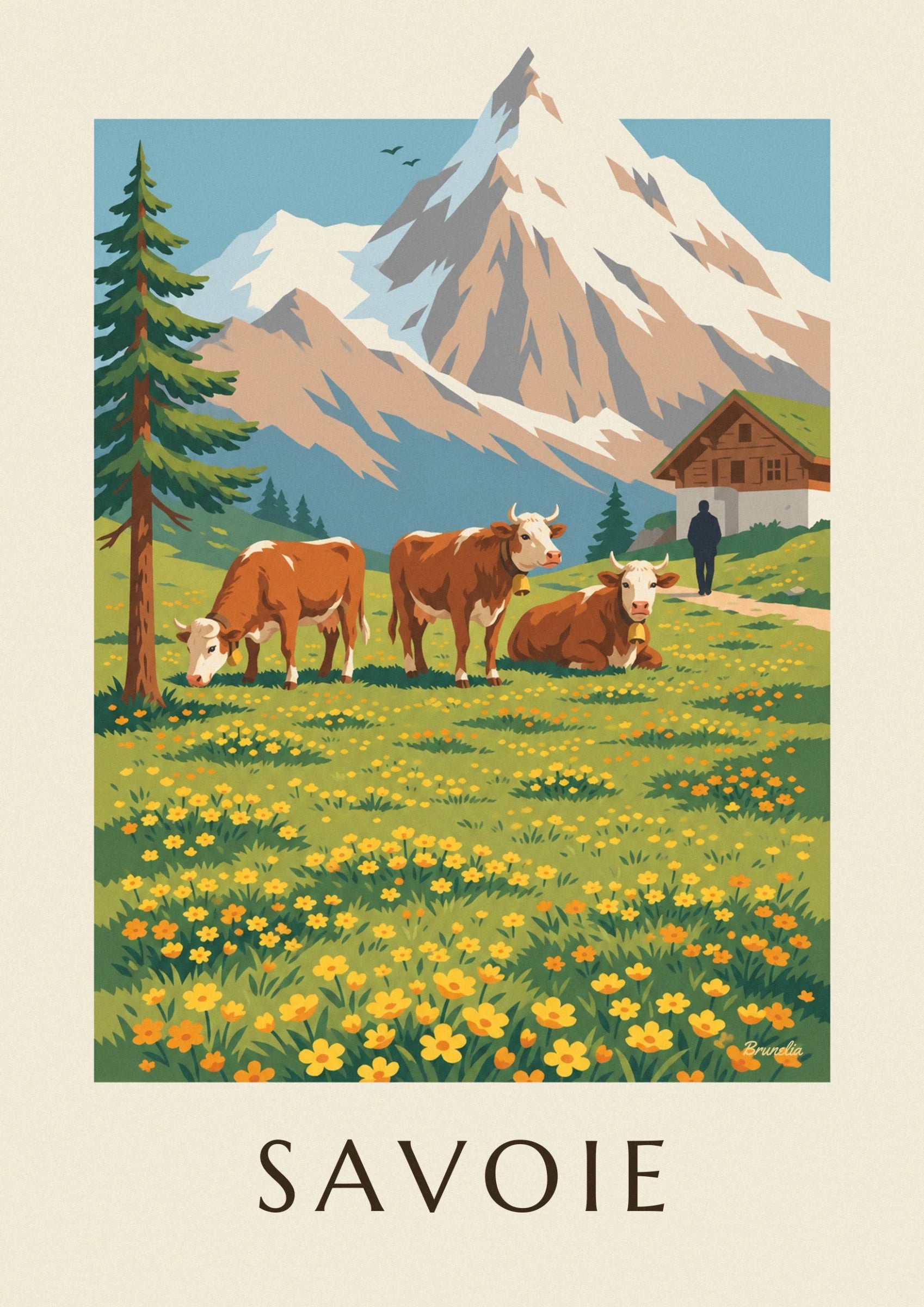 Une vache tarine brune et blanche, sa cloche dorée au cou, dans l’alpage fleuri