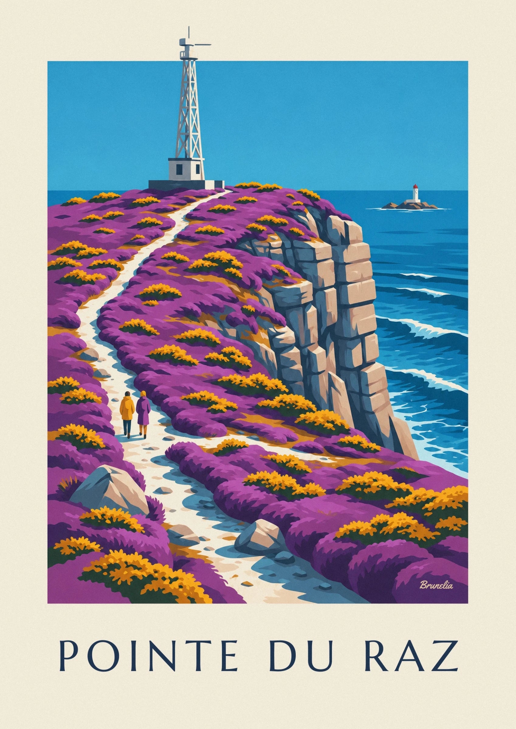 La tour métallique face à la mer bleue, au-dessus des landes violettes