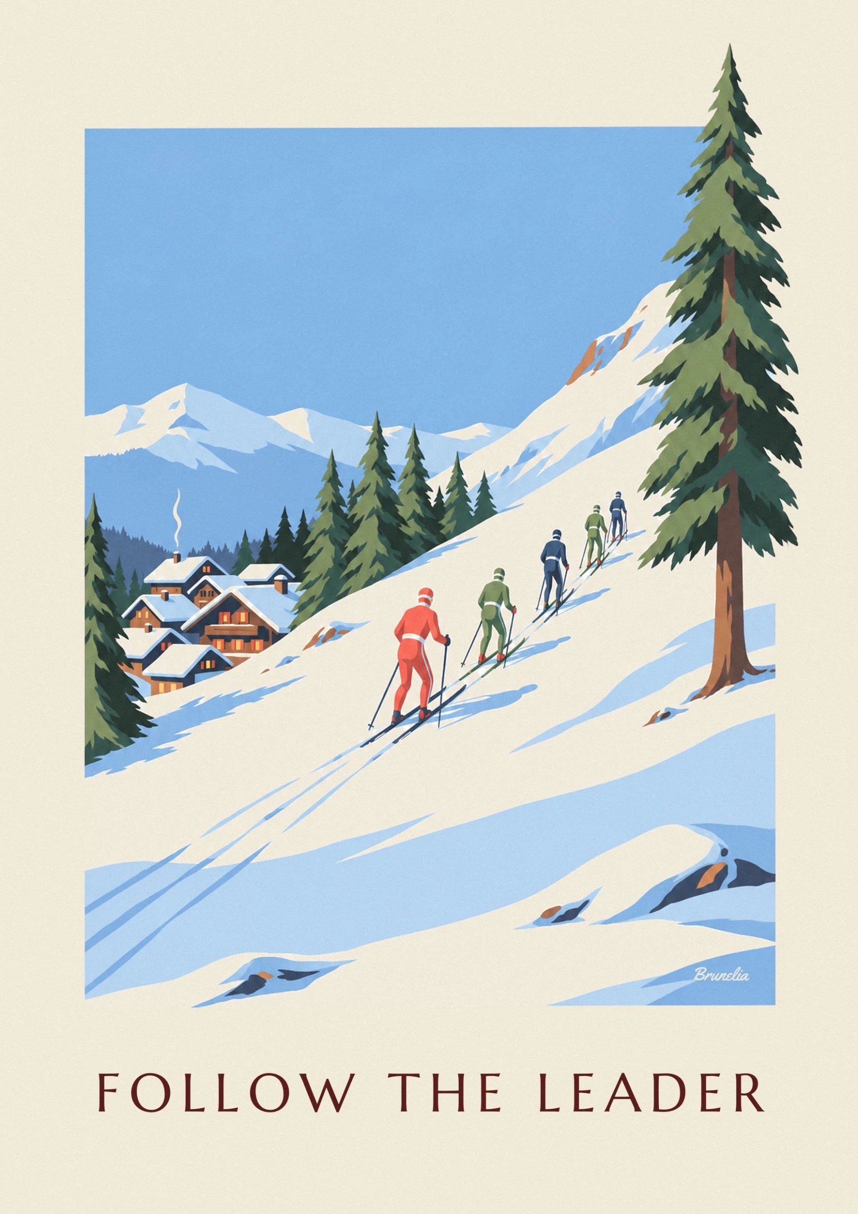 The instructor in red and a pupil in green, with skis and poles on the snow