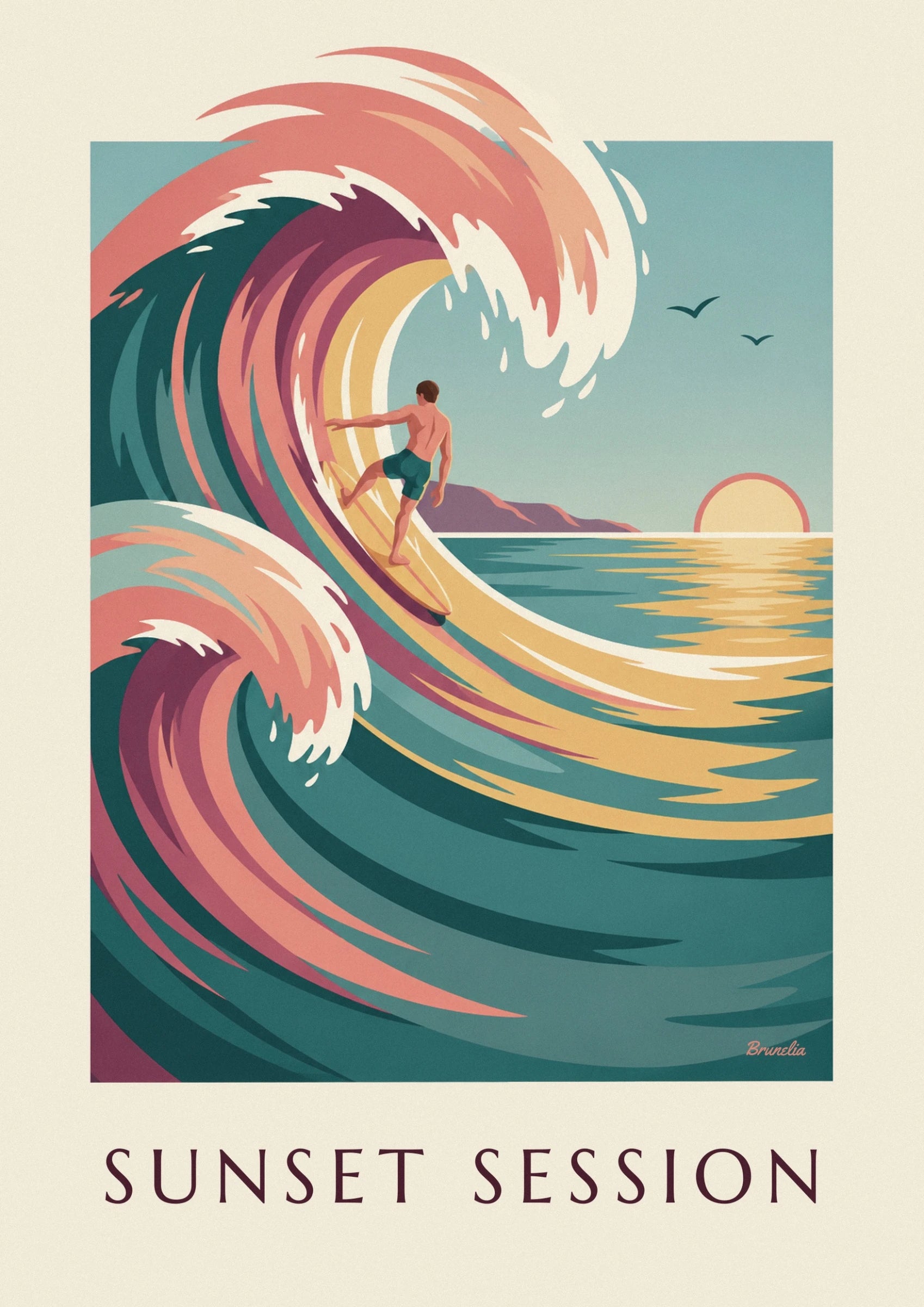 Der Surfer von hinten in türkisfarbenen Shorts auf seinem gelben Board, im Hohlraum der Welle