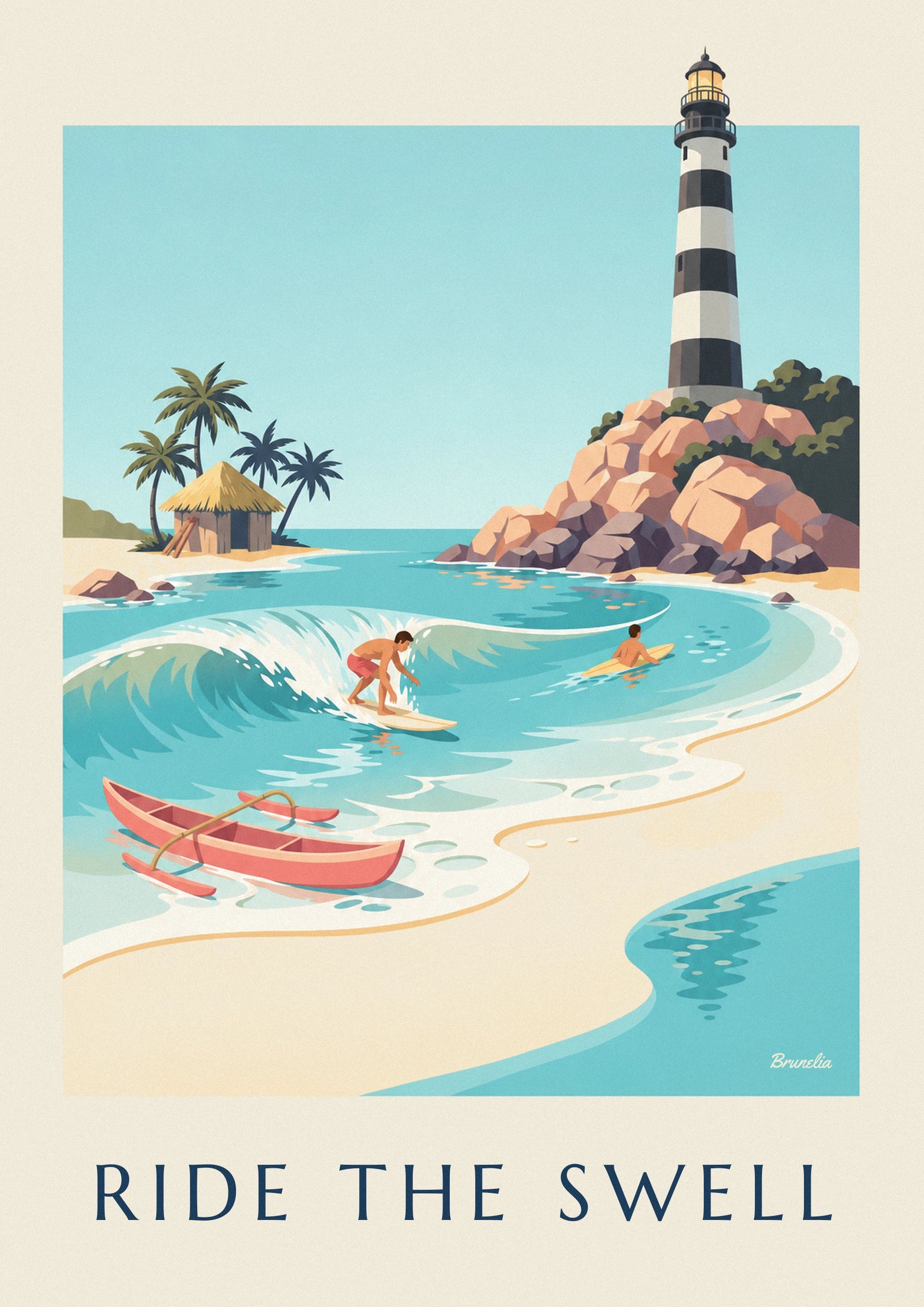 The surfer in coral shorts on his cream board, in the hollow of a turquoise wave