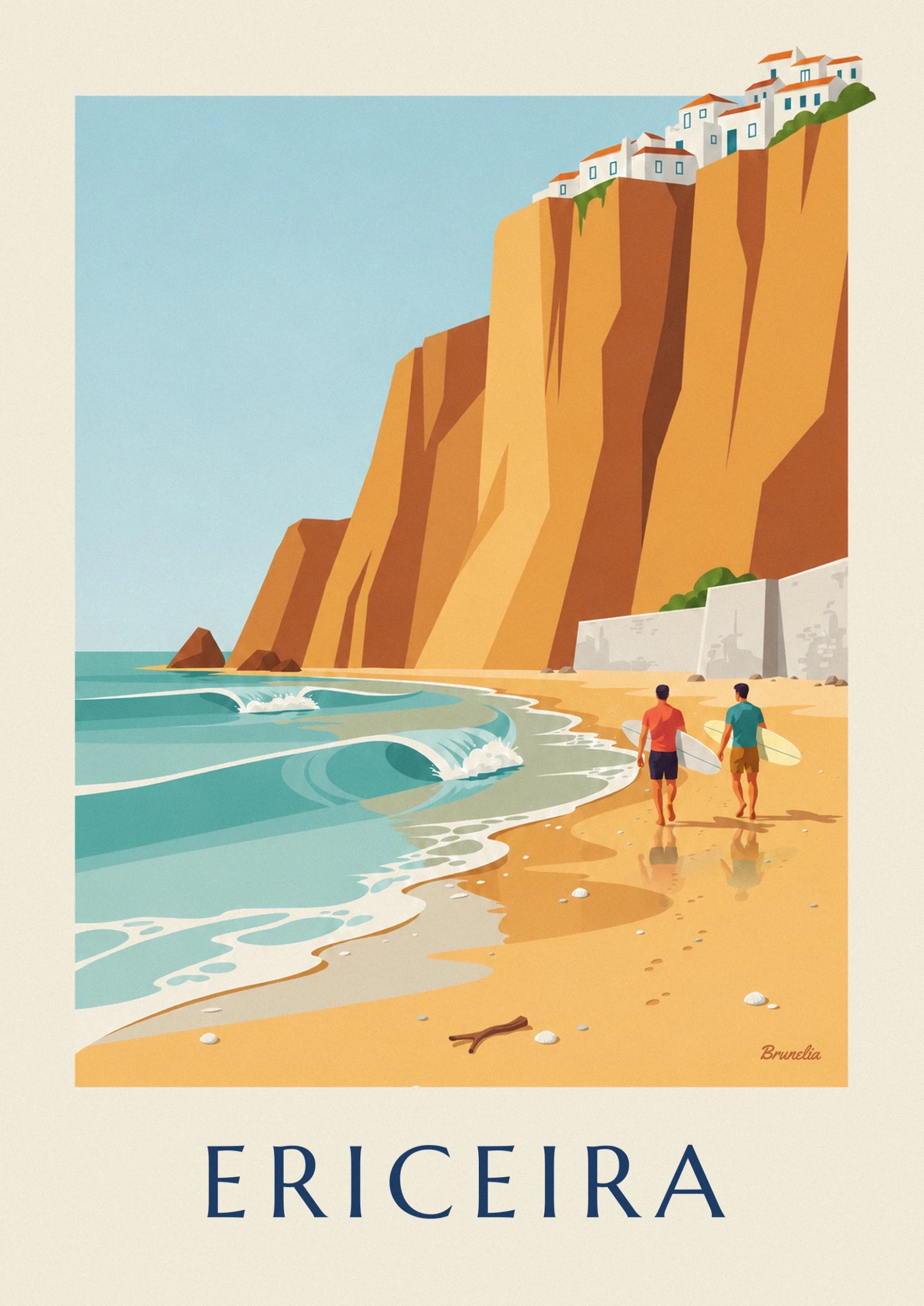 The 2 surfers seen from behind, with their boards under their arms and their reflections on the wet sand