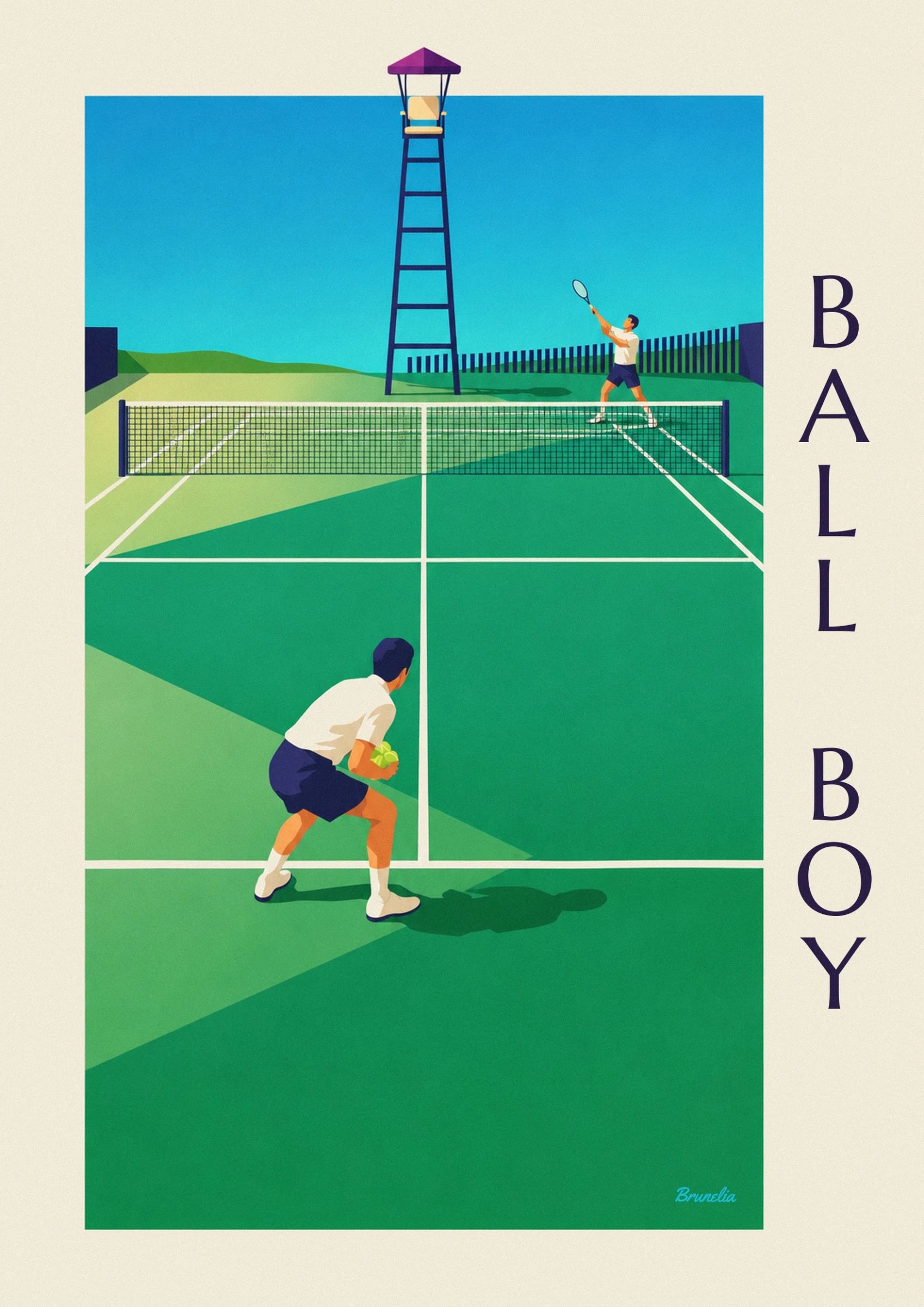 Der Balljunge im weißen Poloshirt und in marineblauen Shorts, gelbe Bälle in der Hand