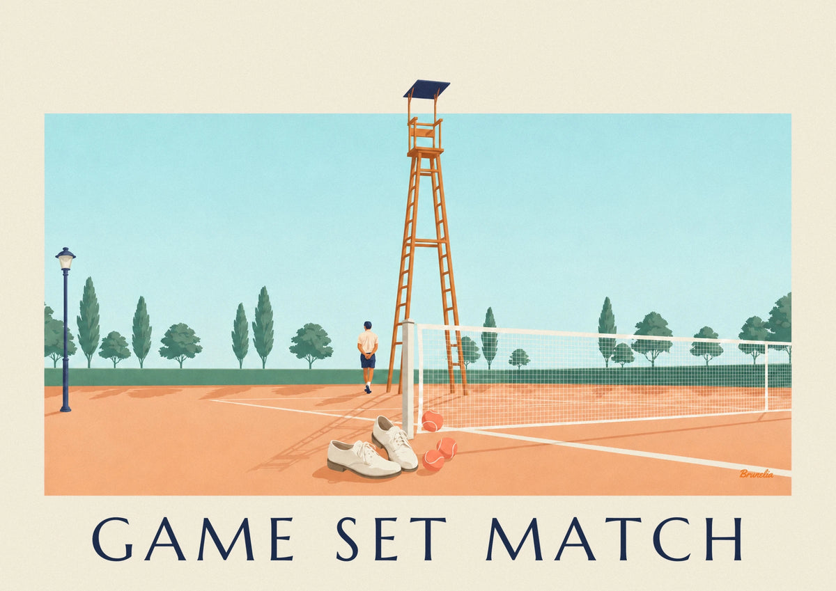 White tennis shoes and balls on clay court poster