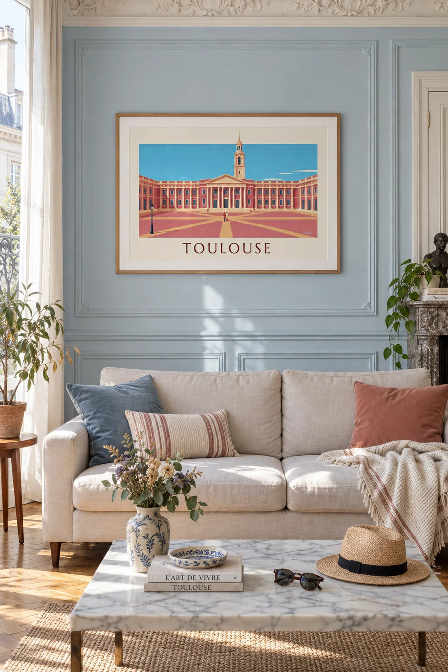 Place du Capitole in Toulouse under a blue sky poster: framed on the wall