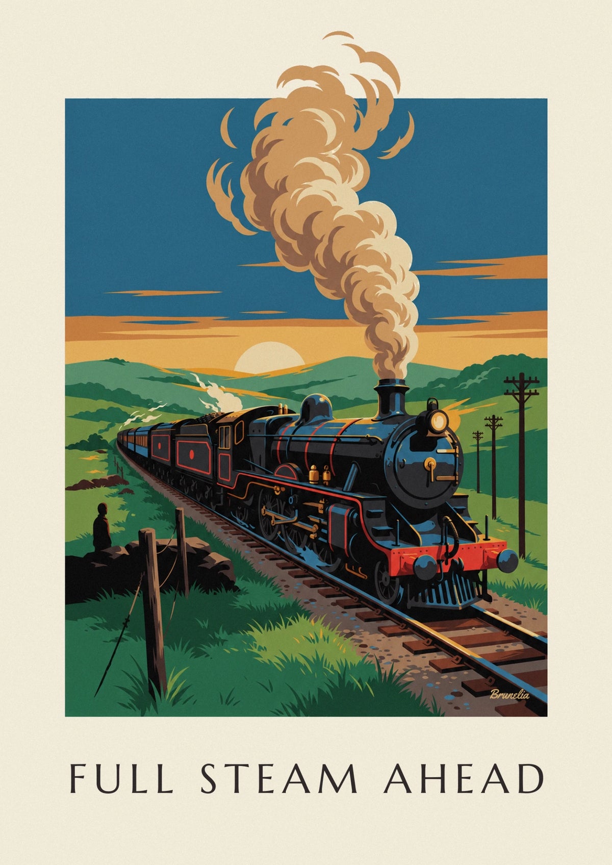 Steam locomotive racing toward the horizon poster