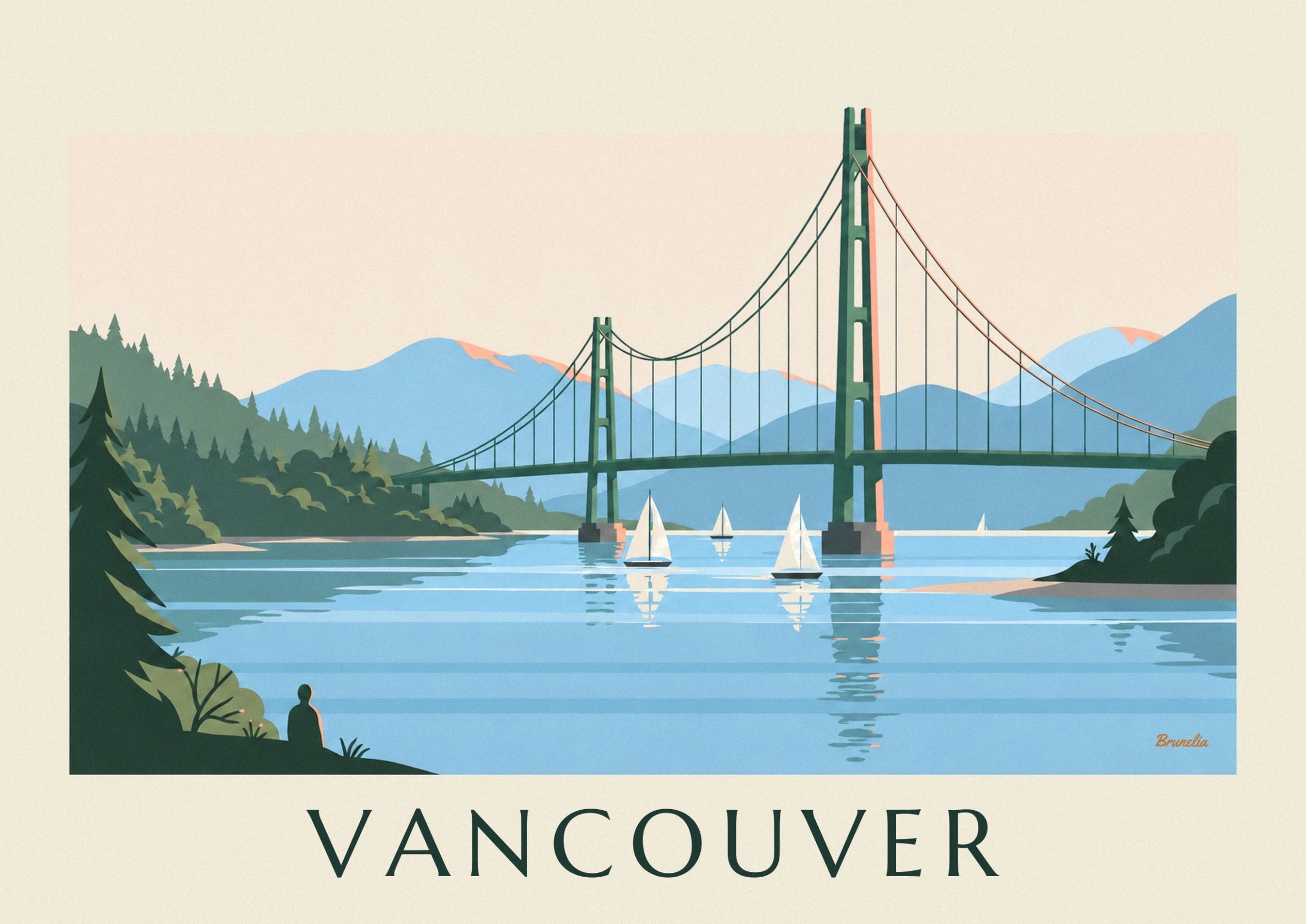 Der grüne Turm der Lions Gate Bridge und ihre Kabel vor den blauen Bergen
