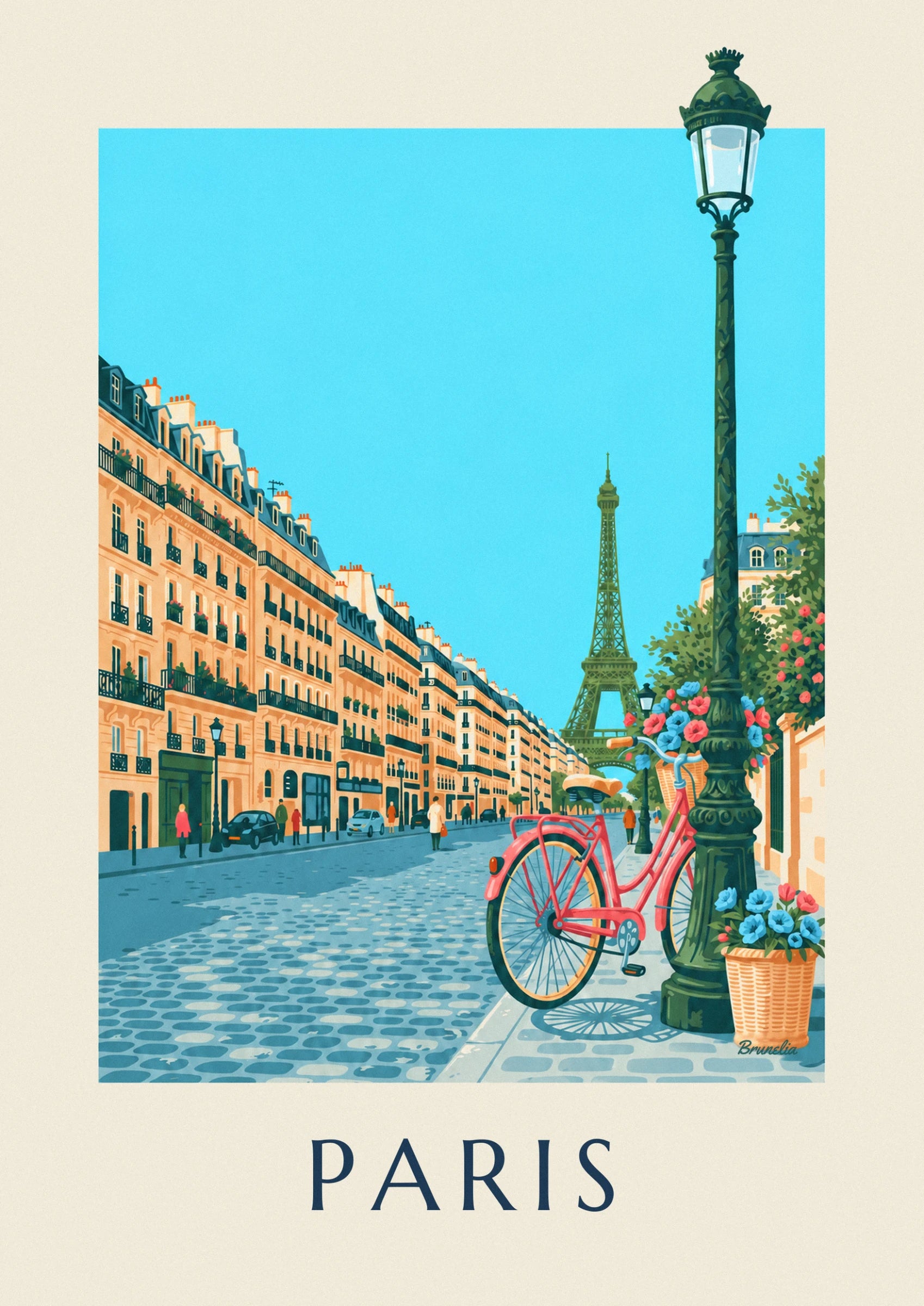 Le vélo corail et son panier de fleurs bleues et roses, garé sur le trottoir pavé