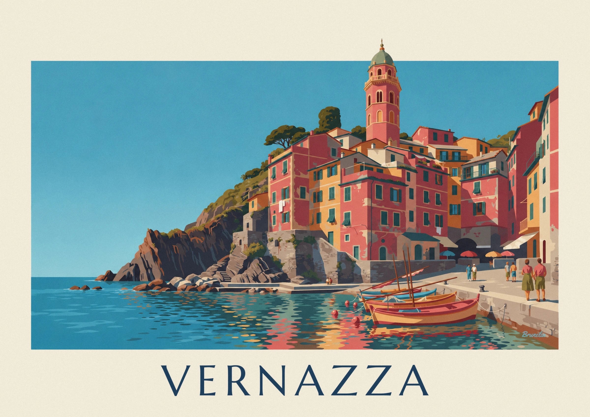 The pink bell tower with its green dome above the colourful houses of Vernazza