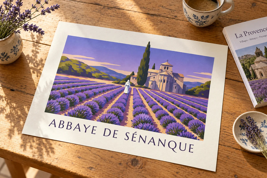 Poster mit einem Mönch im Lavendel der Abtei Sénanque: auf einem Tisch stehend