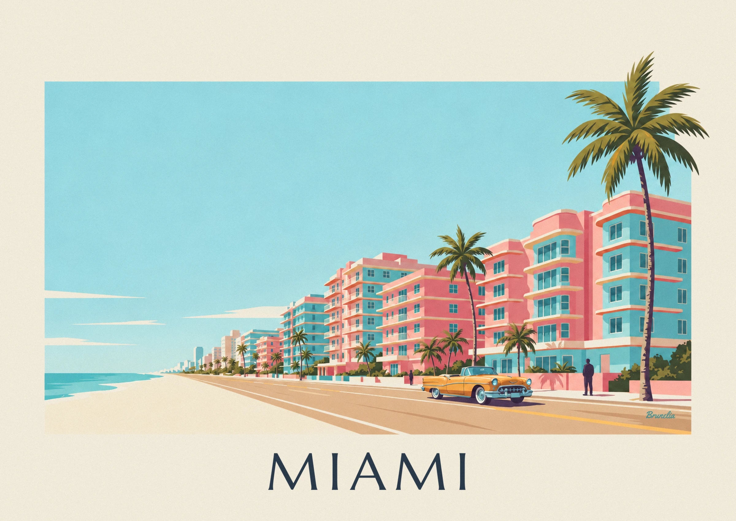 The gold convertible with whitewall tyres, parked outside the pink hotels and palm trees