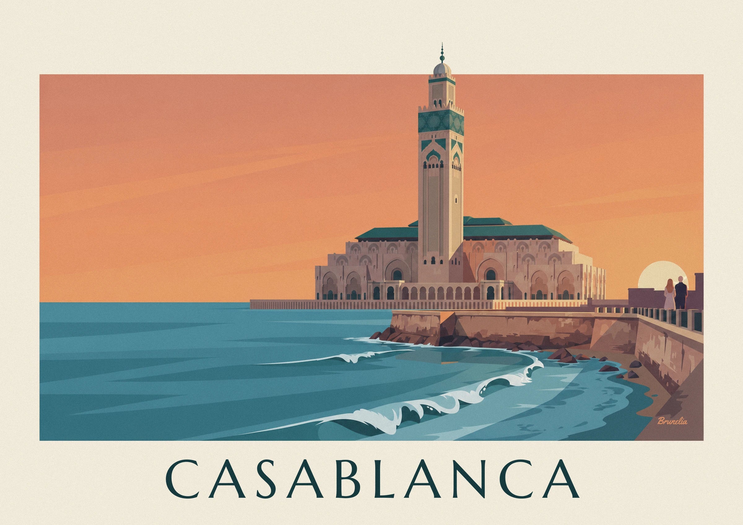 Affiche mosquée Hassan II face à l'océan au coucher du soleil : détail en gros plan