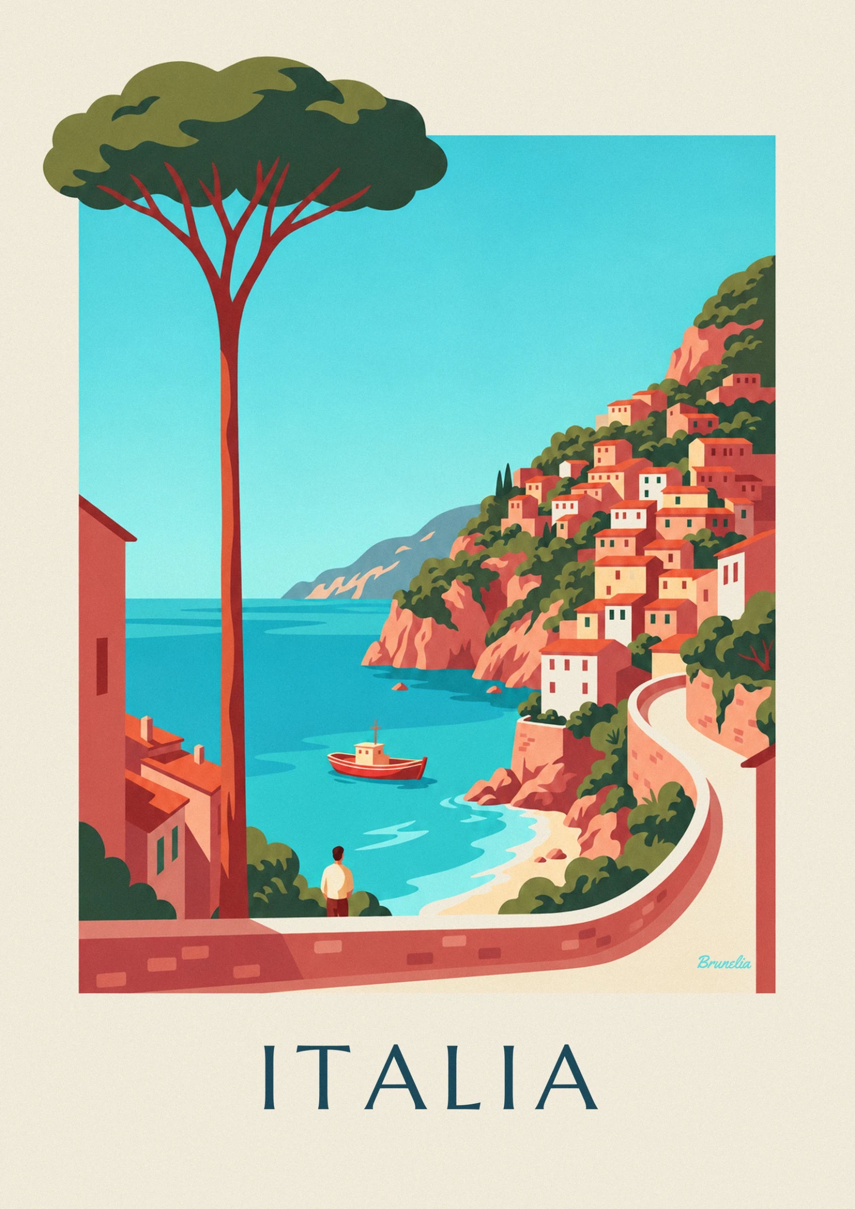 The ochre, pink and cream houses stacked on the cliff between green pine trees
