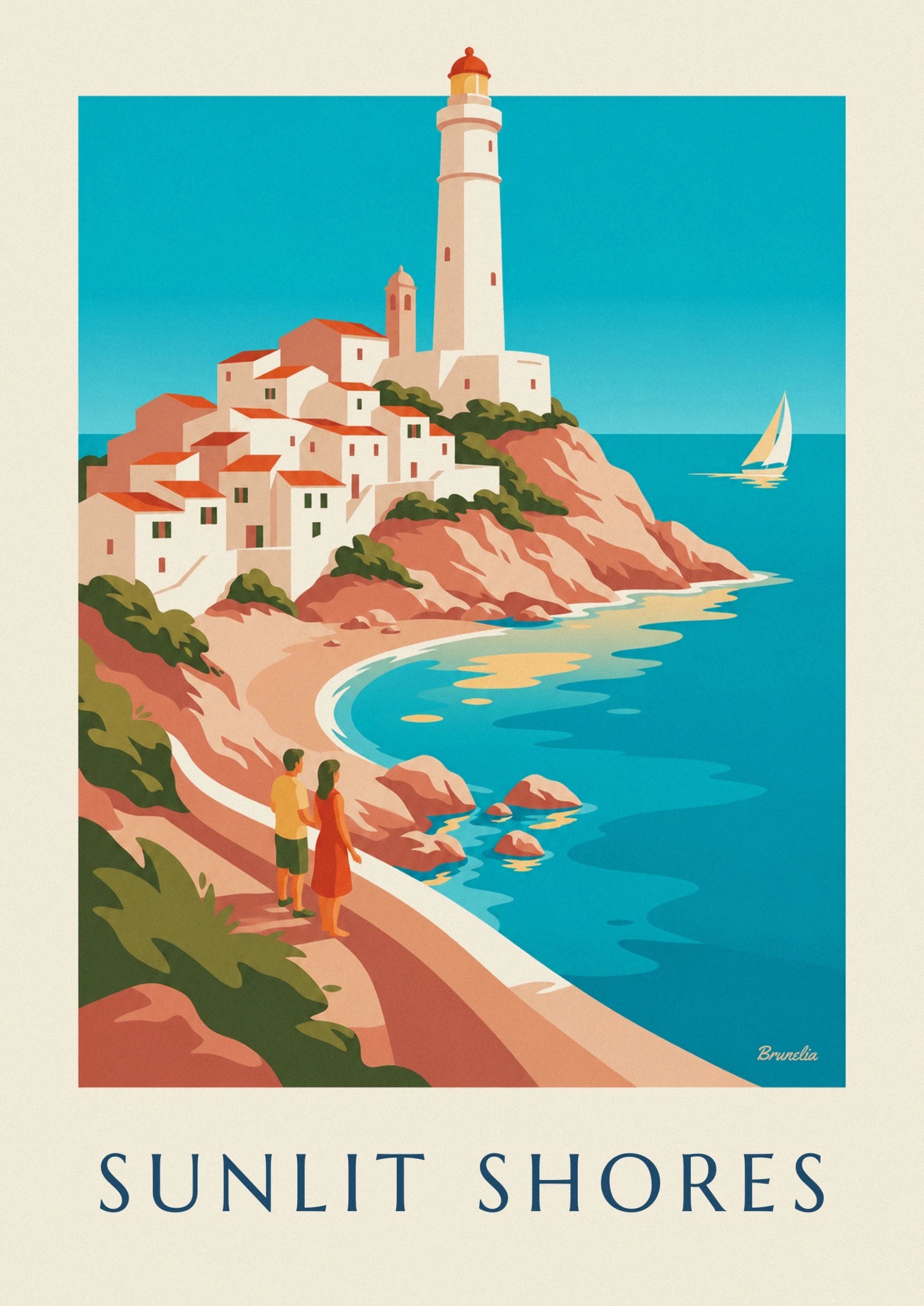Le phare blanc à lanterne orangée au-dessus des maisons aux toits rouges