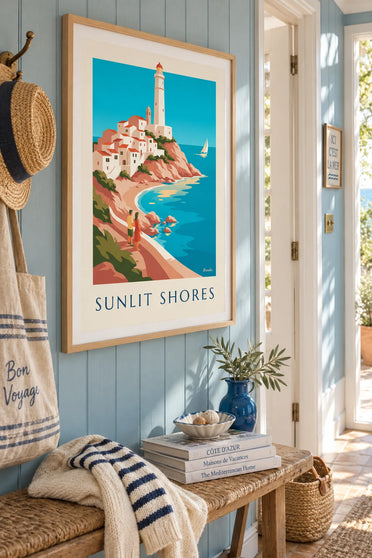 Poster Mittelmeerküste mit weißem Dorf und Leuchtturm: gerahmt an der Wand