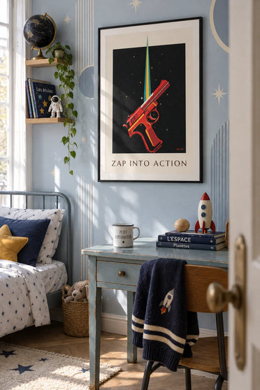 Poster of a laser gun and rays among the stars: framed on the wall